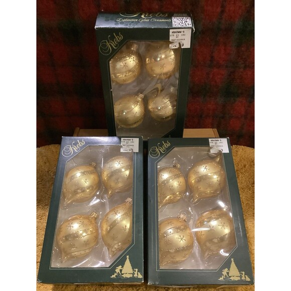 Krebs Christmas Glass Bulb Ornaments Gold Velvet Glitter Swirls & Stars 3 Boxes - Picture 1 of 10